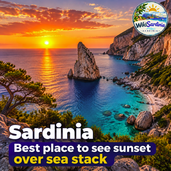 Sardinia best place to see sunset over sea stack