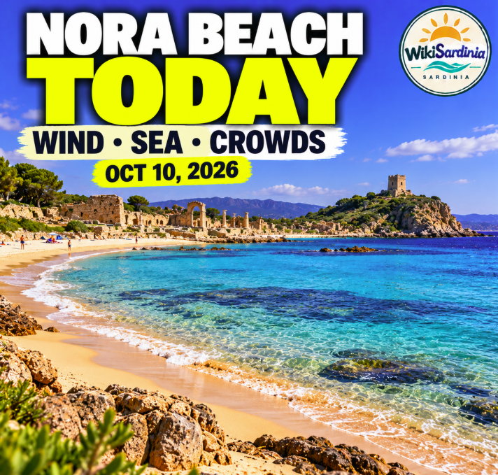 Nora Beach Conditions Today: Wind, Sea and Crowds in Pula, Sardinia — October 10, 2026